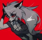  2020 anthro canid canid_demon cho_bhd collar demon ear_piercing female fur hair halter_top hand_on_head hellhound helluva_boss hi_res long_hair loona_(helluva_boss) mammal piercing pupils red_sclera signature simple_background slit_pupils solo spiked_collar spikes white_body white_eyes white_fur white_hair 
