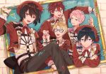  5boys amagi_rinne aqua_eyes beret black_bow black_hair black_pants blonde_hair blue_eyes bow bowtie closed_eyes closed_mouth collared_shirt commentary_request ensemble_stars! green_bow hair_between_eyes harness hat heart hidaka_hokuto highres holding holding_paintbrush itsuki_shu long_sleeves looking_at_viewer male_focus medium_hair multiple_boys open_mouth paintbrush pants pink_hair purple_eyes red_eyes red_hair red_nails red_ribbon ribbon sakuma_ritsu shirt short_hair teeth upper_body upper_teeth_only wednesday_108 yuuki_makoto_(ensemble_stars!) 