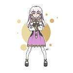  1girl artist_name black_dress blush choker crossed_arms dress fire_emblem fire_emblem:_three_houses gold_trim hair_ornament jj4n3 legs_apart lysithea_von_ordelia purple_choker purple_dress purple_eyes shrug_(clothing) signature simple_background solo standing two-tone_dress white_background white_hair 