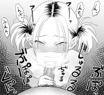  1boy 1girl absurdres bare_shoulders blush breasts earrings fellatio fellatio_under_mask greyscale highres jewelry koma_neko looking_at_viewer male_pubic_hair mask monochrome mouth_mask nipples oral original penis pov pubic_hair twintails uncensored 