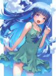  1girl absurdres bare_legs blue_hair blue_sky blunt_bangs blush border breasts cloud colored_inner_hair commentary cowboy_shot dot_nose dress furude_rika green_dress hand_up highres higurashi_no_naku_koro_ni light_blue_hair long_hair looking_at_viewer multicolored_hair nerune_j open_mouth outdoors purple_eyes sidelocks sky small_breasts smile solo waving 