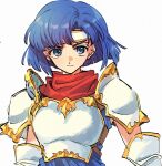  armor blue_eyes blue_hair blue_shirt catria_(fire_emblem) cuirass elbow_gloves fire_emblem fire_emblem:_mystery_of_the_emblem floating_hair gloves headband highres red_scarf scarf shirt short_hair shoulder_armor simple_background smile upper_body v-shaped_eyebrows wakatou white_background white_gloves white_headband 