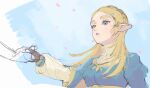  1girl blonde_hair blue_eyes blue_shirt braid breasts brown_gloves fingerless_gloves gloves hair_ornament hairclip hand_up long_hair long_sleeves medium_breasts open_mouth parted_bangs pointy_ears princess_zelda shirt simple_background sketch solo the_legend_of_zelda the_legend_of_zelda:_breath_of_the_wild white_background yamori_(yamoooon21) 