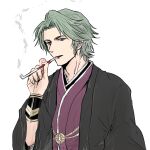  1boy absurdres alternate_costume fire_emblem fire_emblem_fates green_eyes green_hair highres japanese_clothes kaze_(fire_emblem) kimono kiseru looking_at_viewer male_focus sarasoujyu smoke smoking_pipe solo upper_body 