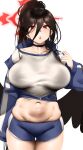  1girl absurdres black_choker black_hair black_wings blue_archive blue_jacket blue_shorts breasts choker cowboy_shot hasumi_(blue_archive) hasumi_(gym_uniform)_(blue_archive) highres jacket kevbot large_breasts long_hair looking_at_viewer low_wings midriff navel plump ponytail red_eyes shirt short_shorts shorts simple_background skindentation solo standing white_background white_shirt wings zipper 