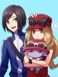  1boy 1girl black_hair blue_jacket calem_(pokemon) espurr eyewear_on_head grey_eyes hand_on_another&#039;s_head hat jacket non-web_source pokemon pokemon_(creature) pokemon_(game) pokemon_xy red_skirt serena_(pokemon) shoulder_strap skirt sunglasses turtleneck turtleneck_jacket 