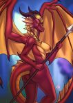  2023 anthro braided_hair breasts claws digital_media_(artwork) dragon eyebrows eyelashes female gaiawolfess hair hi_res holding_object holding_weapon horn malakhael membrane_(anatomy) membranous_wings non-mammal_breasts nude red_body red_scales scales scalie smile solo spines weapon western_dragon wings yellow_eyes 