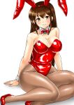  1girl akagi_(kancolle) animal_ears bare_shoulders bow bowtie breasts brown_eyes brown_hair brown_pantyhose cleavage collarbone covered_navel detached_collar fake_animal_ears high_heels kantai_collection kudou_(ooabareteng) large_breasts leotard looking_at_viewer pantyhose playboy_bunny rabbit_ears red_footwear red_leotard simple_background sitting smile strapless strapless_leotard traditional_bowtie white_background wrist_cuffs 