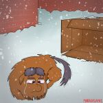 ambiguous_gender bodily_fluids box brick_wall brown_body brown_fur brown_hair cardboard cardboard_box container crying feral fluffy_pony fur hair hi_res marakasaya1 red_eyes snow solo tears wall_(structure) 