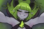  1girl armpits bare_arms bare_shoulders black_eyes blunt_bangs colored_sclera dota_(series) dota_2 english_text green_background green_hair green_sclera grin half-closed_eyes highres horns medium_hair pointy_ears smile solo sorapoi sweat teeth upper_body 