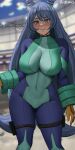  1girl blue_eyes blue_hair blush bodysuit boku_no_hero_academia breasts cameltoe covered_navel drill_hair english_text gloves hadou_nejire heart highres large_breasts long_hair looking_at_viewer oroborus smile solo very_long_hair 