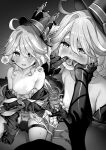  2girls ahoge arlecchino_(genshin_impact) drop-shaped_pupils furina_(genshin_impact) genshin_impact gloves greyscale hair_between_eyes hand_in_mouth hat long_hair mismatched_pupils monochrome multiple_girls peeing peeing_self tatsuya_(s6pillars) top_hat 