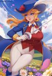  aristocratic_clothes ascot blonde_hair blue_eyes blue_sky breasts exlic field flower flower_field gloves hat hat_feather hat_flower highres holding holding_sword holding_weapon mario_(series) pants petals princess_peach princess_peach:_showtime! rapier sky smile sword swordfighter_peach tight_clothes tight_pants weapon white_ascot white_gloves white_pants 