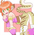  1girl :d animal_ears antenna_hair armlet ass bare_shoulders bottomless breath_of_fire breath_of_fire_ii fang fingerless_gloves gloves green_eyes hair_between_eyes hand_up orange_hair purple_gloves rinpoo_chuan short_hair sicky_(pit-bull) smile solo striped_tail tail tiger_ears tiger_girl tiger_tail 