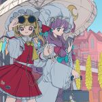  2girls absurdres adjusting_eyewear blonde_hair book building cowboy_shot crescent crescent_hat_ornament day dress earphones eyewear_on_head flandre_scarlet frilled_skirt frills hair_ribbon hand_on_eyewear hand_up hat hat_ornament highres holding holding_book holding_umbrella long_hair long_sleeves looking_at_viewer mob_cap multiple_girls neruzou one_side_up open_book outdoors parasol parted_lips patchouli_knowledge pleated_skirt purple_eyes purple_hair red_eyes red_skirt red_vest ribbon rolling_suitcase round_eyewear shirt skirt skirt_set standing suitcase sunglasses touhou umbrella vest white_dress white_headwear white_shirt wide_sleeves 