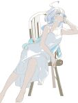  1girl ahoge barefoot blue_eyes blue_hair breasts cleavage closed_mouth collarbone dress foot_out_of_frame full_body furina_(genshin_impact) genshin_impact hair_between_eyes highres legs long_hair looking_up multicolored_hair on_chair sidelocks simple_background sitting sleeveless sleeveless_dress solo streaked_hair two-tone_hair white_background white_dress white_hair zhuqugeyuan 