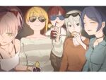  5girls bare_shoulders black_eyes blonde_hair blue_hair brown_hair brown_shirt choker closed_eyes collared_shirt drink drinking drinking_straw earrings eating eyewear_on_head grey_hair hayami_kanade high_ponytail highres ichinose_shiki idolmaster idolmaster_cinderella_girls jewelry jougasaki_mika letterboxed lipps_(idolmaster) looking_at_viewer miyamoto_frederica multiple_girls necklace parted_lips pink_hair shioda_(shioda_5) shiomi_syuko shirt sketch smile stud_earrings sunglasses sweatdrop upper_body yellow_eyes 