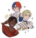  3boys alear_(fire_emblem) alear_(male)_(fire_emblem) alfred_(fire_emblem) blonde_hair blue_eyes blue_hair blush brown_eyes brown_hair circlet closed_mouth dark-skinned_male dark_skin fire_emblem fire_emblem_engage fogado_(fire_emblem) green_eyes hair_between_eyes heterochromia highres long_sleeves looking_at_viewer male_focus multicolored_hair multiple_boys open_mouth oratoza portrait red_eyes red_hair short_hair smile two-tone_hair white_background 