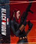  1girl absurdres assault_rifle black_bodysuit black_widow bodysuit embers english_text from_side gun highres holding holding_gun holding_weapon jee-hyung_lee latex latex_bodysuit long_hair marvel open_mouth red_hair rifle weapon 