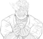  1boy bara beard blush boarsunrise character_request collared_jacket creature dark-skinned_male dark_skin eyebrow_cut facial_hair flaming_eye greyscale hephaestus_(housamo) highres holding holding_creature huge_eyebrows jacket male_focus mature_male monochrome muscular muscular_male pectorals short_hair sleeves_rolled_up solo_focus tearing_up tokyo_afterschool_summoners upper_body 