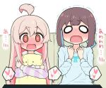 2girls :o ahoge ahoge_wag blue_hair blunt_bangs blunt_ends blush brown_eyes brown_hair c: commentary couch expressive_hair flustered hair_between_eyes heart hiro_(05112423) hozuki_momiji long_sleeves multicolored_hair multiple_girls nose_blush o_o object_hug onii-chan_wa_oshimai! open_mouth oyama_mahiro pajamas pillow pillow_hug pink_hair short_hair short_ponytail simple_background sitting smile spoken_heart sweat translated trembling two-tone_hair watching_television wavy_mouth white_background 
