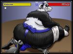  2005 ambiguous_gender anthro asian_clothing bear belly big_belly big_butt black_and_white_body black_and_white_fur butt butt_crush clothed clothing crush duo east_asian_clothing fight fighting_game fighting_game_ui fighting_ring fur gameplay_mechanics giant_panda gui hair health_bar huge_butt japanese_clothing kazecat larger_male legband makuyama_(kazecat) male mammal mawashi obese obese_anthro obese_male on_ground overweight overweight_anthro overweight_male ponytail ribbons shadow sitting_on_another size_difference smaller_ambiguous smothering solo_focus suspended_in_midair thick_thighs thighband underwear wrestling 