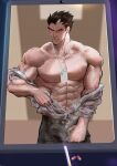  1boy abs bara biceps black_hair blush cellphone cigarette collared_shirt darius_(league_of_legends) frown highres id_card large_pectorals league_of_legends male_focus manly mature_male multicolored_hair muscular muscular_male nipples open_clothes open_shirt pants pectorals phone red_eyes scar shirt silver_(ordinary_1) smoke solo sweat teeth thick_arms thick_eyebrows undressing veins video_call white_hair 