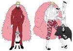  2boys absurdres age_progression balnom bare_pectorals blonde_hair child coat donquixote_doflamingo feather_coat full_body fur_coat height_difference highres lifting_person male_focus multiple_boys muscular muscular_male official_alternate_costume one_piece open_clothes pectorals pink_coat shirt short_hair suit sunglasses trafalgar_law upside-down white_shirt 