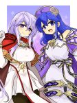  :d bare_shoulders blue_eyes blue_hair breasts cosplay costume_switch dress fire_emblem fire_emblem:_genealogy_of_the_holy_war fire_emblem:_the_binding_blade julia_(fire_emblem) large_breasts lilina_(fire_emblem) looking_at_viewer pantyhose purple_eyes purple_hair smile white_dress yukia_(firstaid0) 