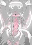  1girl absurdres angel angel_wings colored_inner_hair colored_skin feathered_wings glowing grey_background hair_over_eyes halo head_wings highres limited_palette long_hair looking_at_viewer low_wings monster_girl multicolored_hair multiple_wings original pink_hair seraph skeleton smile solo spine toipokun_oyashi two-tone_hair white_hair white_skin wing_ears wings 