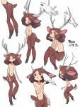  1boy :&lt; androgynous animal animal_ears antlers artist_name bird bird_on_hand closed_eyes closed_mouth commentary_request crossed_legs dated deer_boy deer_ears freckles green_eyes hand_up highres hooves invisible_chair looking_to_the_side looking_up male_focus monster_boy multiple_views navel nude on_horn original out_of_frame partially_colored red_hair satyr short_hair simple_background sitting standing white_background yogin 