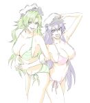  2girls arm_up bambietta_basterbine bare_legs bare_shoulders bikini black_hair bleach bleach:_the_thousand-year_blood_war breasts candice_catnipp green_eyes green_hair hand_on_headwear hat highres large_breasts locked_arms long_hair military_hat mitsugu multiple_girls navel open_mouth pink_bikini purple_eyes quincy side-tie_bikini_bottom smile sternritter striped striped_bikini swimsuit thighs tongue tongue_out white_background 