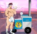  1boy abs alternate_costume apron ass_peek ayysquidly bara beard beard_stubble boku_no_hero_academia bulge contemporary endeavor_(boku_no_hero_academia) facial_hair food food_stand full_body headband highres holding holding_plate holding_tongs large_pectorals looking_at_viewer male_focus mature_male muscular muscular_male navel nipples pectorals photo_background plate profile revealing_clothes scar scar_across_eye shoes short_hair sideburns sideways_glance sneakers solo spiked_hair stomach strongman_waist stubble sweet_potato thick_eyebrows thick_thighs thighs tongs topless_male waist_apron white_headband 