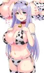 1girl absurdres animal_ears animal_print bell blue_eyes blush breasts collar cow_print cow_tail cowbell ekaki_kukuma fake_animal_ears highres large_breasts looking_at_viewer navel open_mouth princess_connect! shizuru_(princess_connect!) solo tail tongue translation_request 