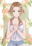  1girl aerith_gainsborough bare_arms bare_shoulders braid braided_ponytail brown_hair closed_mouth collarbone commentary crisis_core_final_fantasy_vii dress final_fantasy final_fantasy_vii floral_background green_eyes hair_ribbon highres light_blush long_hair looking_at_viewer nalu own_hands_together parted_lips pink_nails pink_ribbon ribbon sidelocks sleeveless sleeveless_dress solo spaghetti_strap twitter_username upper_body 
