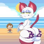  absurd_res animal_crossing anthro beach beauty_mark big_breasts big_butt blue_bottomwear blue_clothing blue_eyes blue_eyeshadow blue_shorts bodily_fluids bottom_heavy bottomwear bra_on_butt breasts brown_body brown_fur brown_hair butt cheek_tuft clothing cloud covering covering_breasts dipstick_limbs domestic_cat duo embarrassed eyelashes eyeshadow facial_tuft felid feline felis female floral_swimwear fur hair head_tuft hi_res huge_butt human looking_back makeup male mammal mostly_nude nintendo olivia_(animal_crossing) purple_clothing purple_swimwear red_clothing red_shirt red_topwear sea seaside shirt shorts sky sweat sweatdrop swimwear tan_body tan_skin thick_thighs topwear towel tuft villager_(animal_crossing) water white_body white_fur wide_hips yellow_sclera yummercummer 