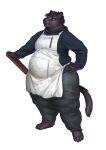  2022 anthro apron barefoot black_body black_fur bottomwear cettus clipboard clothed clothing feet felid female fur hand_on_hip hi_res holding_object hoodie mammal overweight overweight_anthro overweight_female pantherine pants pen serafina_(cettus) simple_background solo standing topwear waiter white_background 