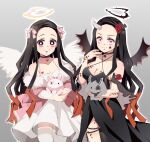  2girls alternate_costume black_dress black_hair black_ribbon black_thighhighs breasts closed_mouth demon_girl demon_horns demon_wings dress facial_mark flower fur_trim hair_flower hair_ornament halo highres holding holding_stuffed_toy horns jacket kamado_nezuko kimetsu_no_yaiba long_hair medium_breasts multicolored_hair multiple_girls open_mouth orange_hair pink_eyes pink_jacket pink_ribbon pori_(kmt_pori) ribbon single_thighhigh smile stuffed_animal stuffed_rabbit stuffed_toy tattoo teeth thighhighs upper_teeth_only white_dress white_thighhighs wings 