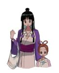  2girls ace_attorney bag black_eyes black_hair blunt_bangs brown_hair cousins cropped_torso hair_rings half_updo hand_up hanten_(clothes) highres holding holding_bag jacket japanese_clothes jewelry kimono long_hair long_sleeves looking_at_viewer magatama magatama_necklace maya_fey multiple_girls necklace obi open_mouth parted_bangs pearl_fey plastic_bag purple_jacket ribitta sash short_hair sidelocks simple_background surprised sweatdrop upper_body white_background white_kimono wide_sleeves 
