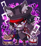  1boy ? angry animal_ears animal_hat black_footwear black_hair black_headwear blood blood_splatter boots cabbie_hat chibi closed_mouth coat commentary_request dog facial_mark fake_animal_ears full_body fur-trimmed_sleeves fur_collar fur_trim glasses grey_coat hat highres holding holding_leash kohinata_kanoo leash long_sleeves looking_at_viewer male_focus master_detective_archives:_rain_code outline pants pink_blood red-framed_eyewear red_eyes round_eyewear short_hair solo standing white_outline zilch_alexander 