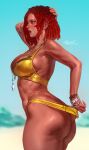 1girl aleriia_v artist_name ass beach bikini blurry blurry_background bracelet breasts brown_eyes commentary commission dark-skinned_female dark_skin dreadlocks english_commentary from_side gradient_hair hand_on_own_head highres jewelry large_breasts multicolored_hair open_mouth original patreon_username profile pulled_by_self red_hair sand_on_skin solo swimsuit teeth upper_teeth_only wet whistle yellow_bikini 
