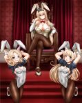  3girls adapted_costume animal_ears arms_up black_bow black_bowtie black_hairband black_pantyhose blonde_hair blue_eyes bow bowtie braid breasts bunny_day covered_navel crossed_legs crown detached_collar detached_sleeves fake_animal_ears french_braid gloves hairband high_heels highres janus_(kancolle) jervis_(kancolle) kantai_collection large_breasts leotard long_hair looking_at_viewer mini_crown multiple_girls open_mouth pantyhose parted_bangs playboy_bunny puffy_short_sleeves puffy_sleeves red_bow red_bowtie short_hair short_sleeves shrug_(clothing) sitting small_breasts smile strapless strapless_leotard throne traditional_bowtie ura_tomomi warspite_(kancolle) white_footwear white_gloves white_leotard white_wrist_cuffs 