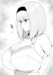  1girl blush bra breasts cleavage greyscale headband highres huge_breasts long_hair monochrome original parted_lips solo sweat underwear undressing upper_body yue_(show-ei) 