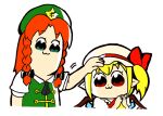  2girls :3 ascot bkub_(style) blonde_hair braid closed_mouth flandre_scarlet green_eyes green_headwear green_vest hand_on_another&#039;s_head hat hat_ornament hat_ribbon highres hong_meiling mofujiro multicolored_wings multiple_girls pointy_ears poptepipic puffy_short_sleeves puffy_sleeves red_eyes red_hair red_ribbon red_vest ribbon shirt short_sleeves star_(symbol) star_hat_ornament touhou twin_braids upper_body vest white_background white_headwear white_shirt wings yellow_ascot 