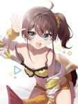  1girl absurdres ahoge bikini blue_eyes brown_hair emoji highres hololive jacket medium_hair natsuiro_matsuri natsuiro_matsuri_(matsuri&#039;s_day_off) open_clothes open_jacket open_mouth salty_gana scrunchie side_ponytail smile solo swimsuit virtual_youtuber white_jacket yellow_bikini 