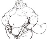  2023 anthro belly big_belly bottomwear bulge canid canine clothing exe_exem gyobu kemono lifewonders male mammal moobs navel overweight overweight_male pants raccoon_dog scar solo tanuki tokyo_afterschool_summoners underwear 