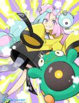  1girl bellibolt bike_shorts boots commentary_request electricity green_hair grey_footwear grey_pantyhose grey_shirt grin highres iono_(pokemon) jacket long_hair multicolored_hair pantyhose pink_hair pokemon pokemon_(creature) pokemon_(game) pokemon_sv pokesumomo purple_eyes shirt single_leg_pantyhose sleeveless sleeveless_shirt sleeves_past_fingers sleeves_past_wrists smile star_(symbol) teeth thigh_strap twintails twitter_username two-tone_hair watermark yellow_jacket 