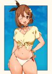  1girl ;d arm_at_side atelier_(series) atelier_ryza bikini blue_background blush border bow braid breasts brown_bow brown_choker brown_eyes brown_hair choker cleavage commentary_request cowboy_shot earrings flower hair_bow hair_flower hair_ornament hand_on_own_hip highres jewelry kajino_(aosansai) large_breasts looking_at_viewer navel necklace one_eye_closed open_mouth outside_border reisalin_stout shirt short_hair short_sleeves single_earring smile solo star_(symbol) star_necklace straight-on swimsuit teeth tied_shirt upper_teeth_only white_bikini white_border x_hair_ornament yellow_shirt 