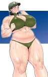  1girl bikini hat highres muscular muscular_female navel plump solo stomach swimsuit synecdoche thick_thighs thighs 