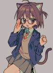  1girl adjusting_eyewear ahoge animal_ear_fluff animal_ears blue_jacket blush brown_eyes brown_hair brown_skirt brown_sweater cat_ears cat_girl cat_tail collared_shirt cowboy_shot glasses grey_background hand_on_eyewear hand_up highres jacket leg_up long_sleeves looking_at_viewer medium_hair miniskirt necktie open_clothes open_jacket open_mouth original pleated_skirt red-framed_eyewear red_necktie school_uniform semi-rimless_eyewear shirt simple_background skirt solo standing standing_on_one_leg sweater tail two_side_up umipi under-rim_eyewear white_shirt 